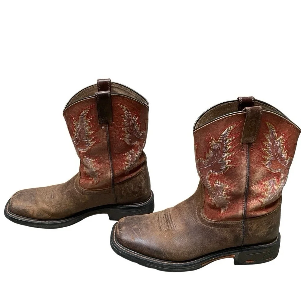 Ariat Kids Work Hog Size 6 Square Toe Distressed Western Boots Tan Red 10007837